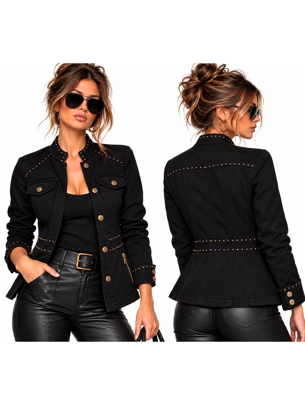 White House Black Market Black Studded Denim Jacket Size 6